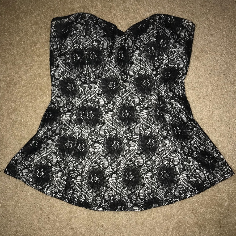 Black and white lace strapless top